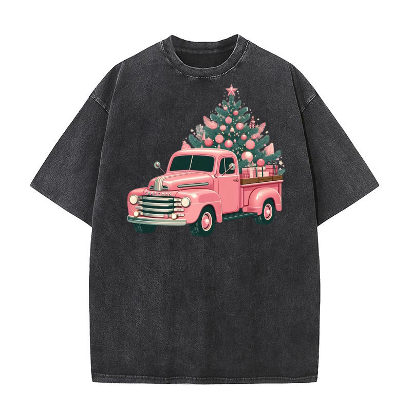 Retro Pink Christmas Truck with Tree Clipart (2) Washed T-Shirt