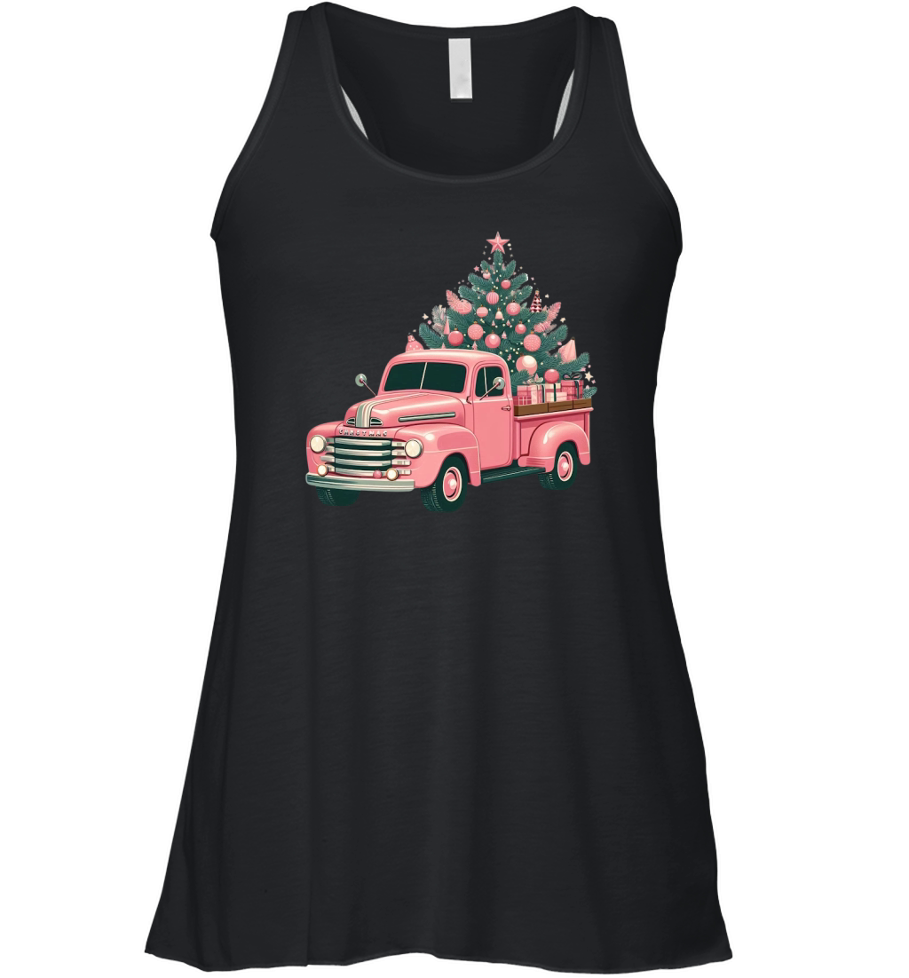 Retro Pink Christmas Truck with Tree Clipart (2) Women's Flowy Tank Top
