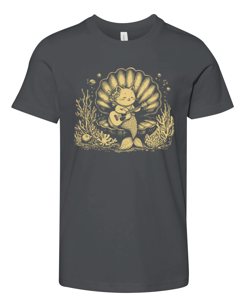 Cat Mermaid Playing Guitar D Yellow Youth Unisex Jersey Tee