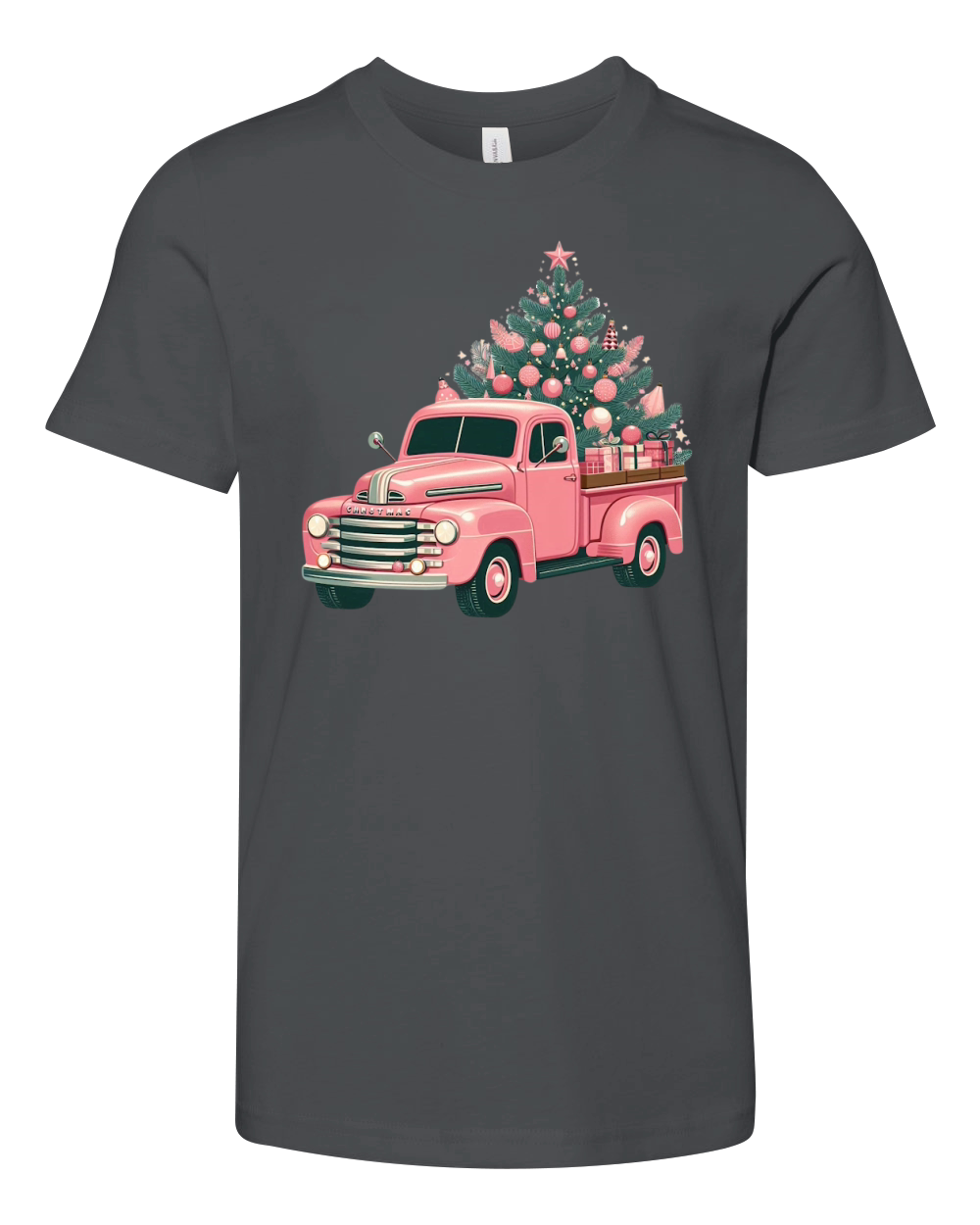 Retro Pink Christmas Truck with Tree Clipart (2) Youth Unisex Jersey Tee