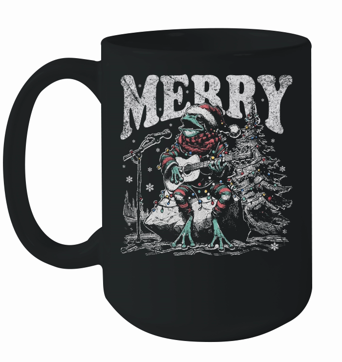 Merry Christmas Frog Playing Guitar D Black White Red Green TR GR Ceramic Mug