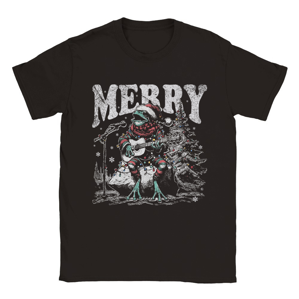 Merry Christmas Frog Playing Guitar D Black White Red Green TR GR Classic Kids Crewneck T-shirt