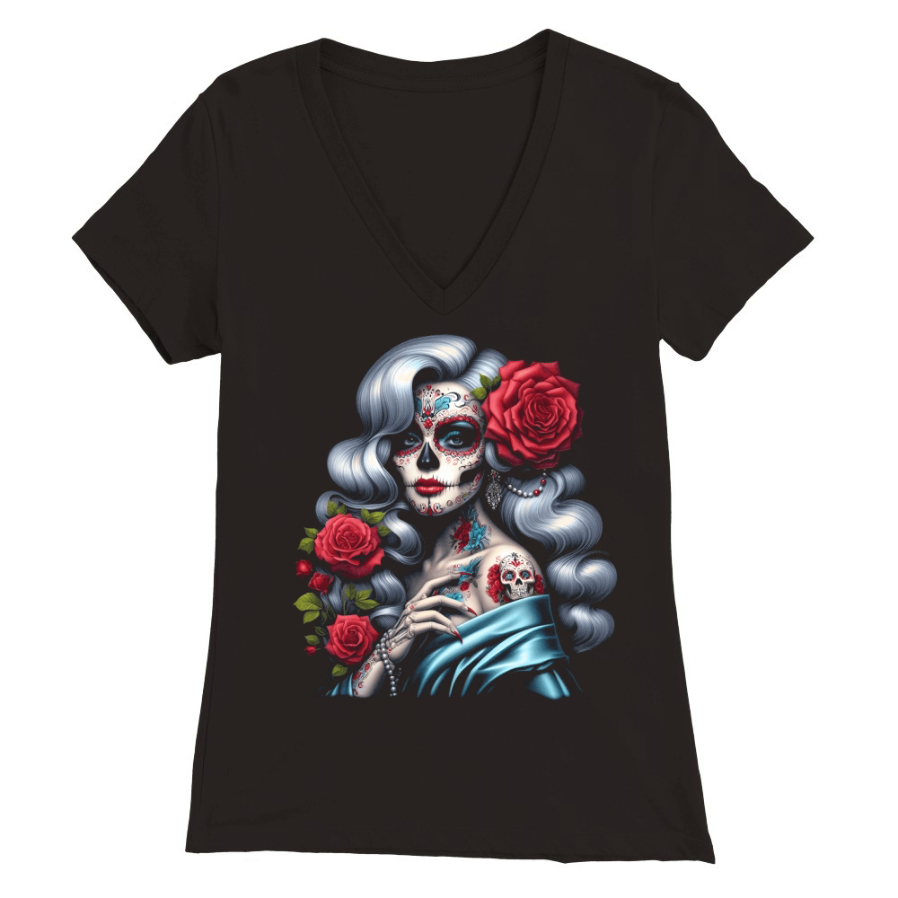 Elegant Sugar Skull Woman with Red Roses Premium Womens V-Neck T-shirt