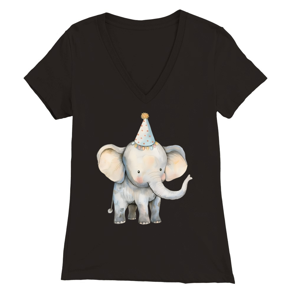 Elephant with Party Hat Watercolor Premium Womens V-Neck T-shirt