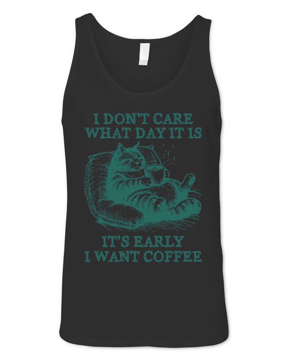 Cat Don’t Care Just Want Coffee L Green Unisex Jersey Tank