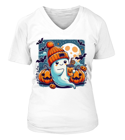 Cute Ghost PNG Halloween Sublimation V-neck T-Shirt Woman