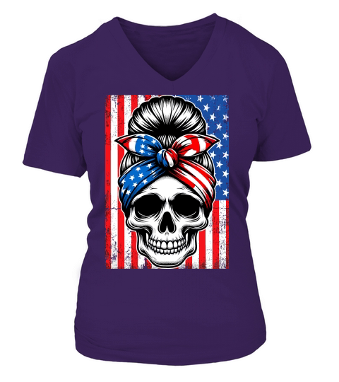 USA Flag Vintage Skeleton 4th of july 4 V-neck T-Shirt Woman