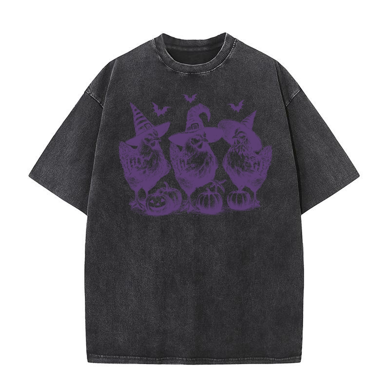Chicken Witches Funny Halloween L Violet Washed T-Shirt