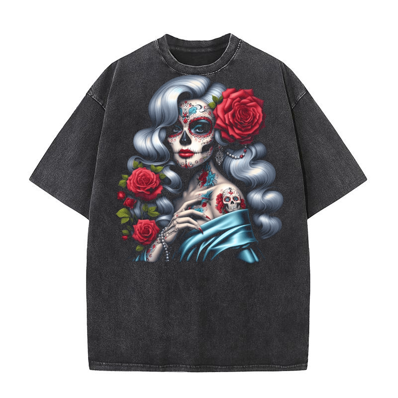 Elegant Sugar Skull Woman with Red Roses Washed T-Shirt
