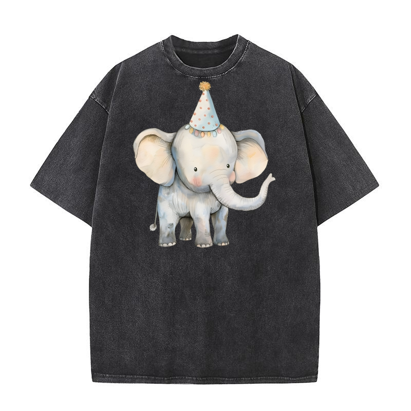 Elephant with Party Hat Watercolor Washed T-Shirt