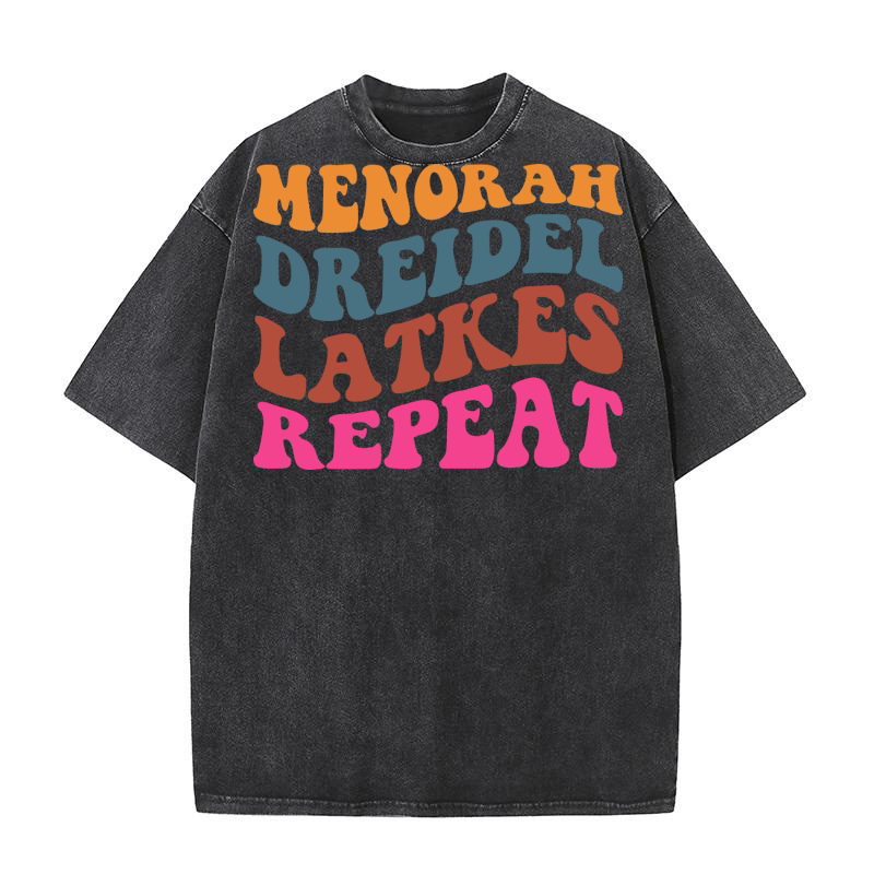 Menorah Dreidel Latkes Repeat Washed T-Shirt