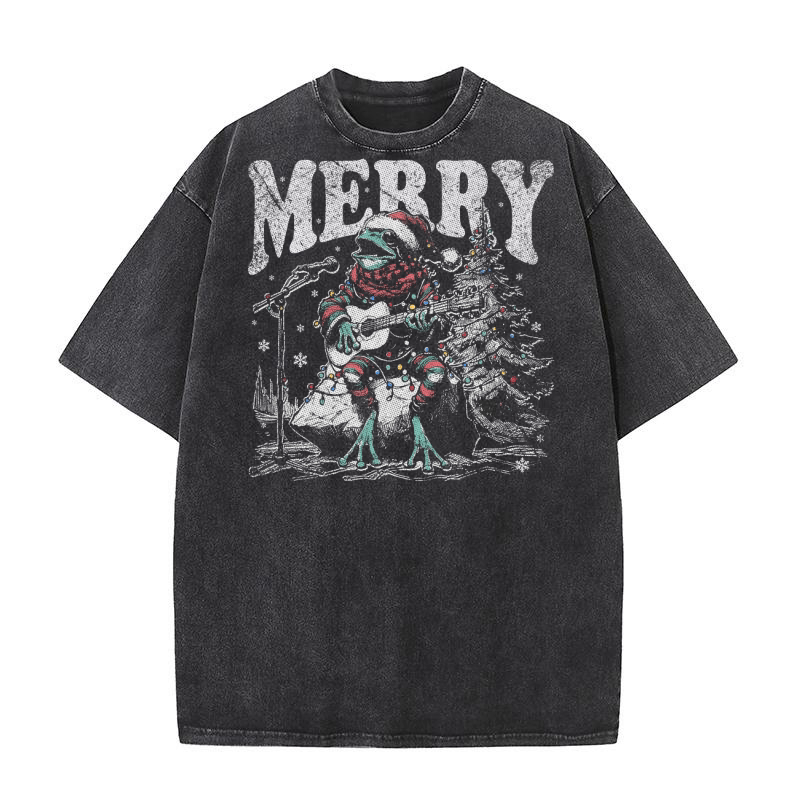Merry Christmas Frog Playing Guitar D Black White Red Green TR GR Washed T-Shirt