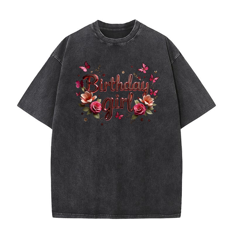 Metallic Flower Happy Birthday Washed T-Shirt