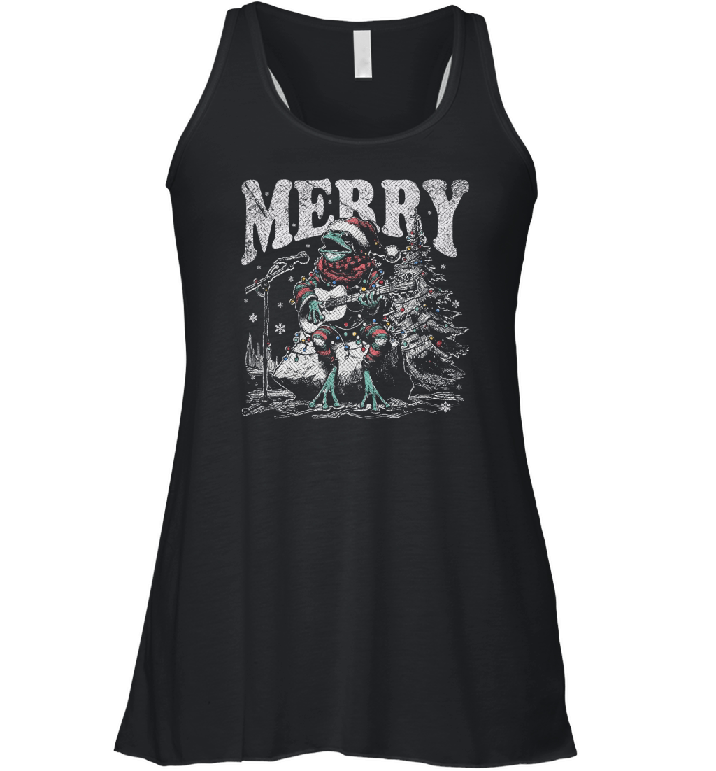 Merry Christmas Frog Playing Guitar D Black White Red Green TR GR Women's Flowy Tank Top