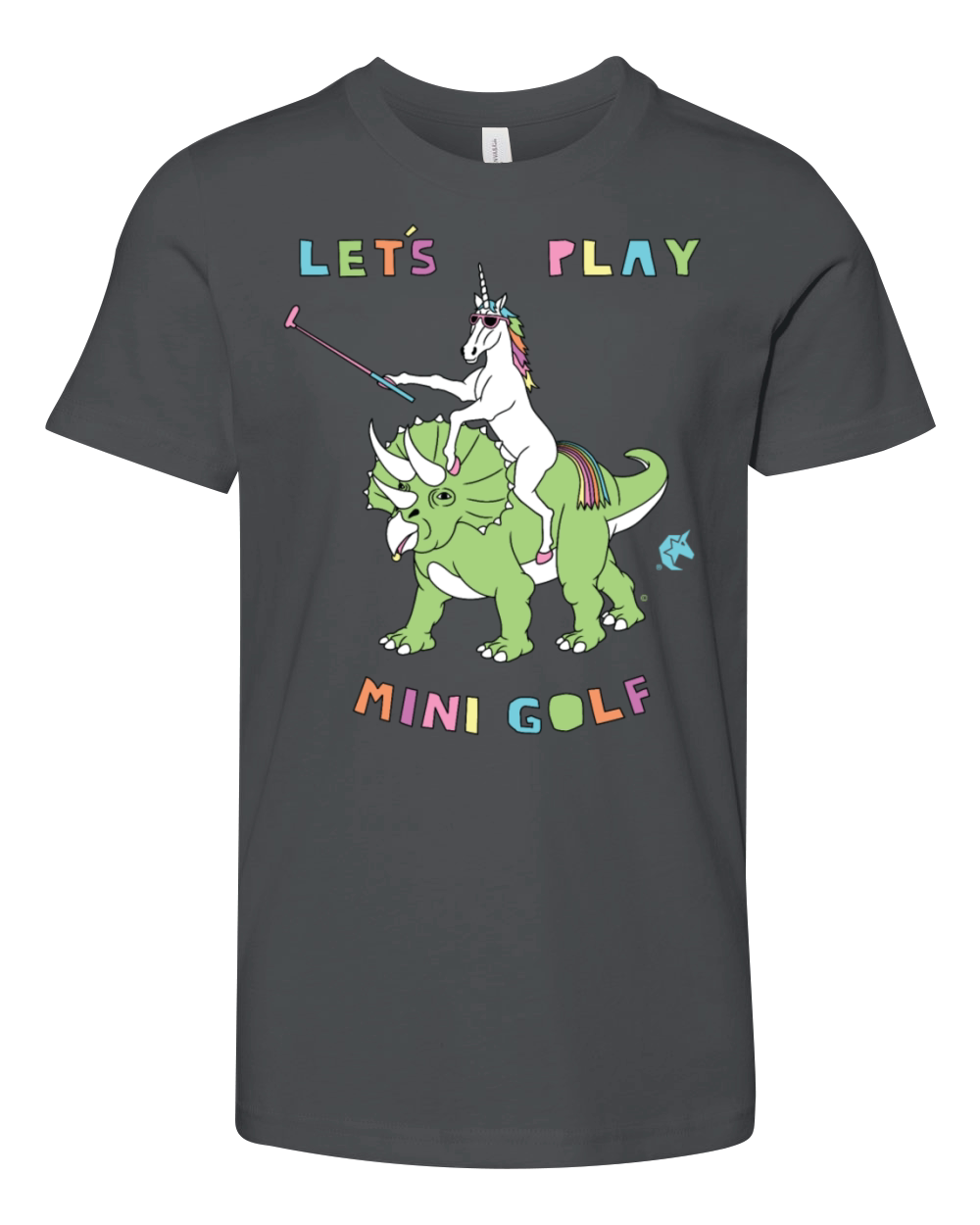 Lets Play Mini Golf Unicorn Riding Dinosaur Youth Unisex Jersey Tee