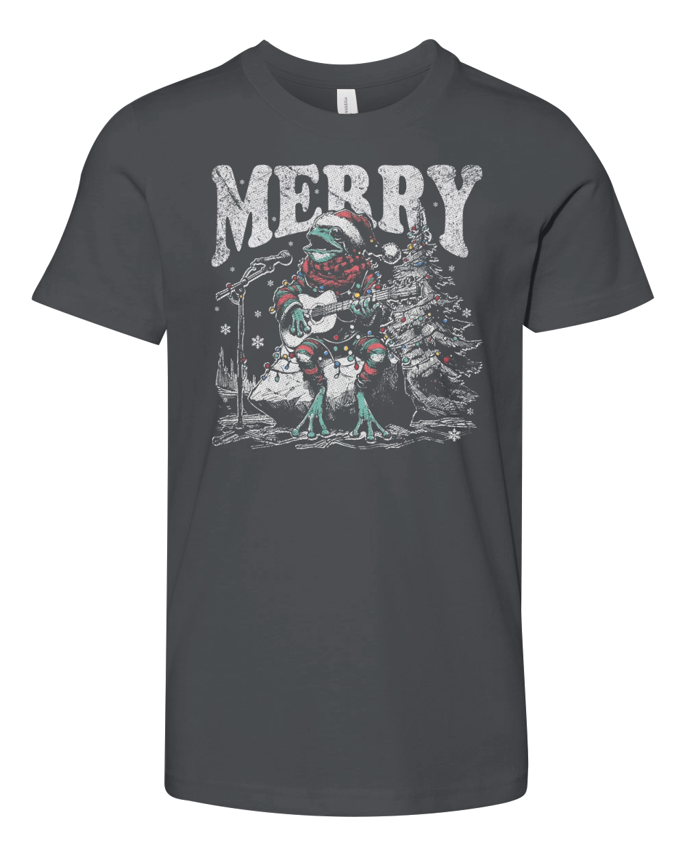 Merry Christmas Frog Playing Guitar D Black White Red Green TR GR Youth Unisex Jersey Tee