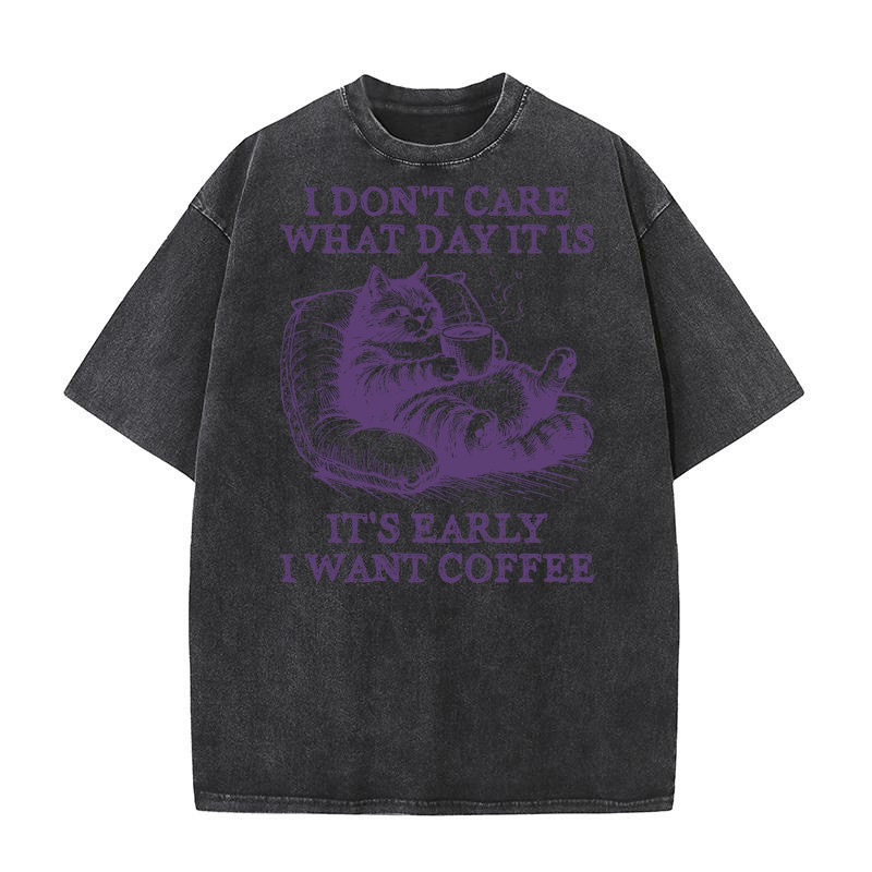 Cat Don’t Care Just Want Coffee L Violet Washed T-Shirt