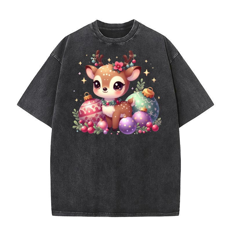 Cute Deer Christmas Watercolor Clipart2 Washed T-Shirt