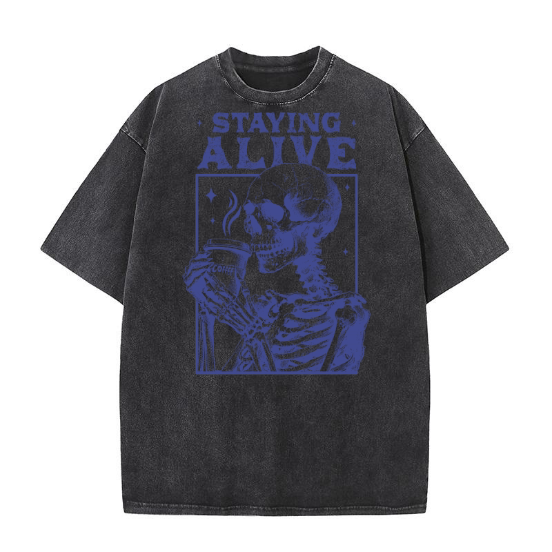 Staying Alive Skeleton Coffee L vBlue Washed T-Shirt