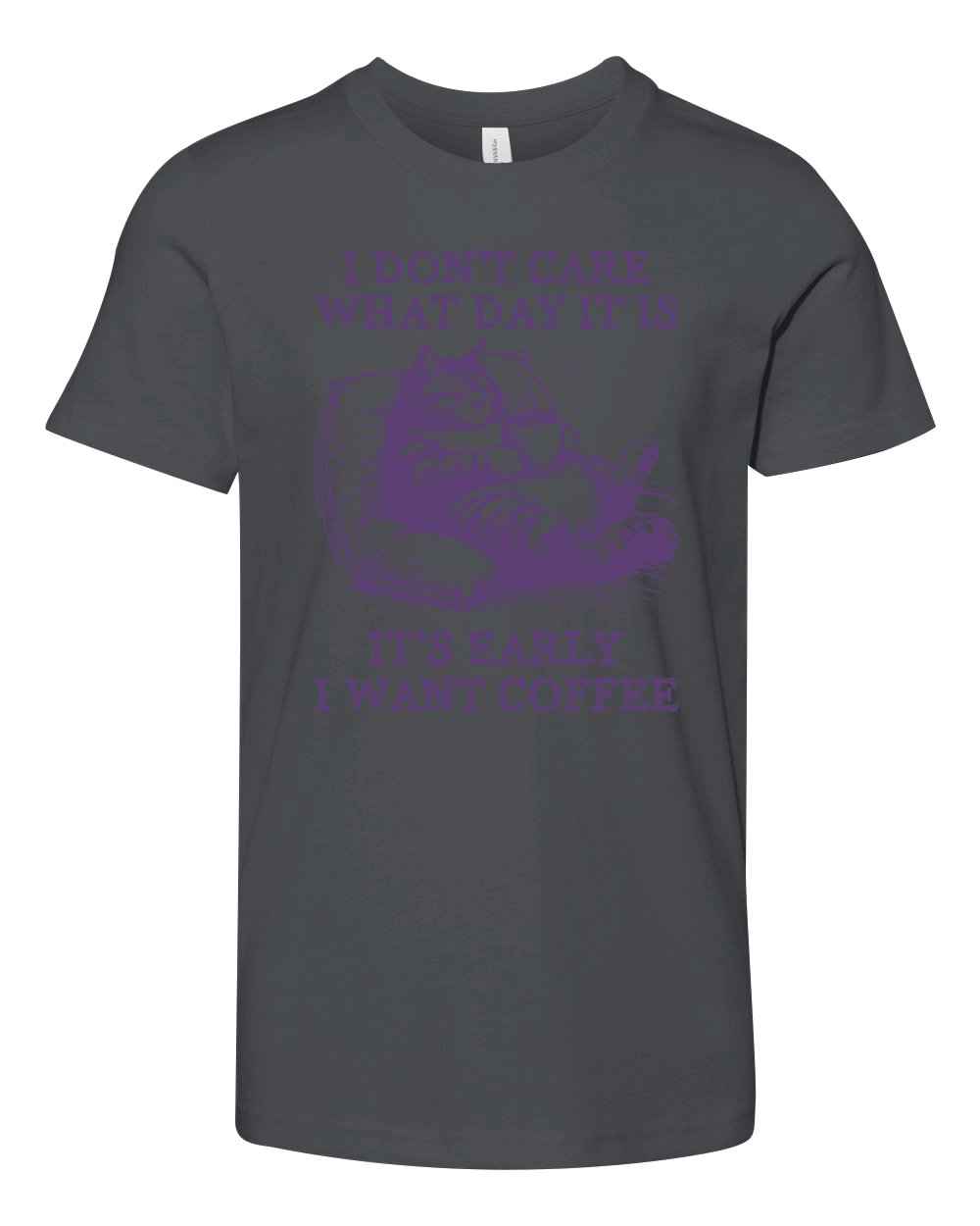 Cat Don’t Care Just Want Coffee L Violet Youth Unisex Jersey Tee