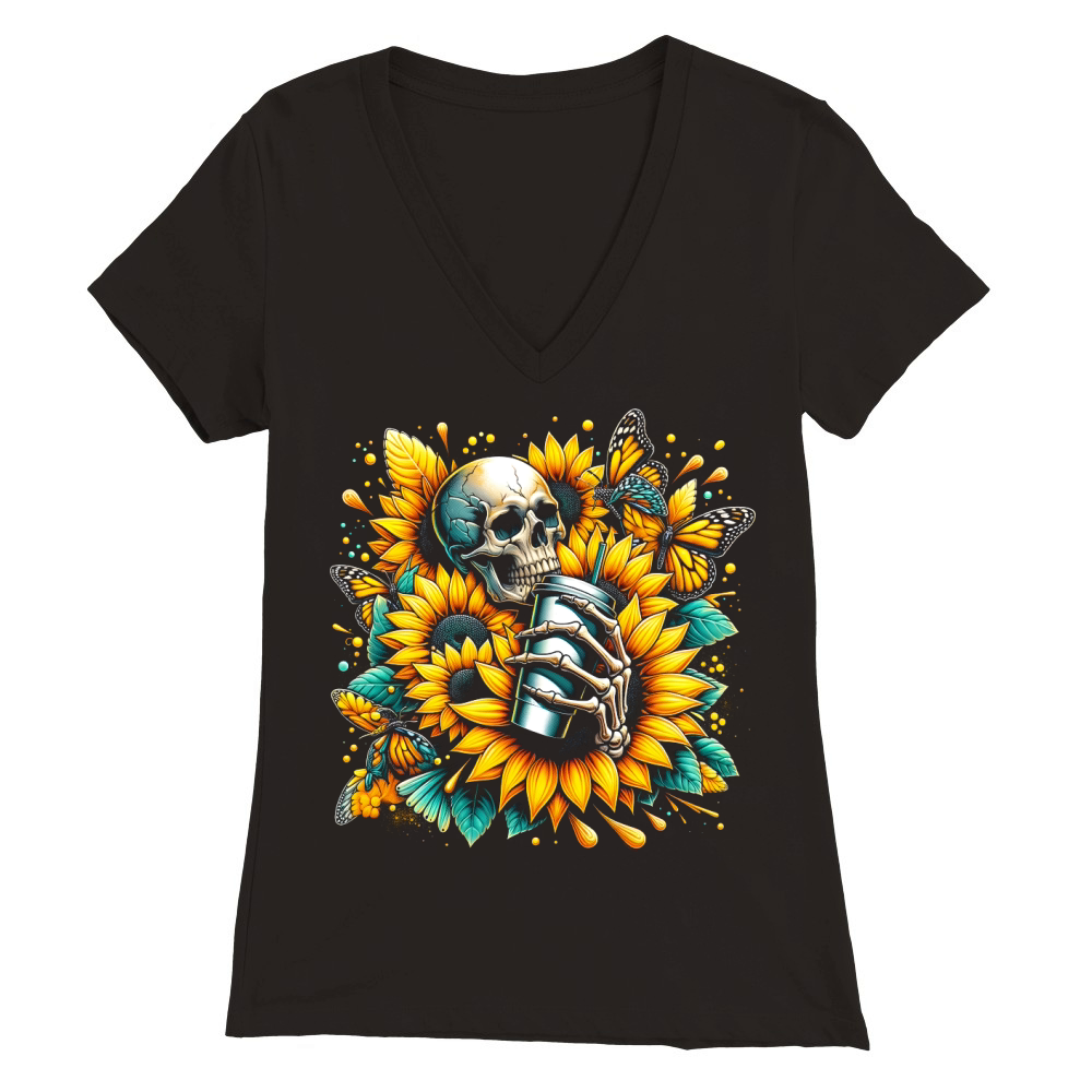 Sunflower Skull with Butterflies Premium Womens V-Neck T-shirt