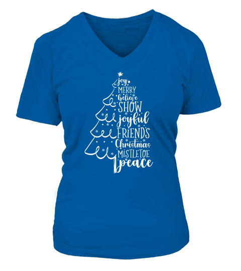 Joy Merry Joyful Believe Christmas Tree letter print V-neck T-Shirt Woman