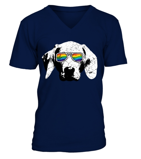 Gay LGBT Pride Dog With Weimaraner Flag Sunglasses V-Neck T-shirt