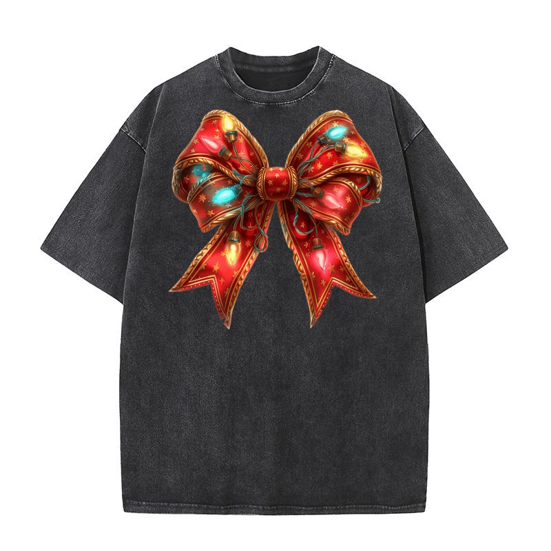 Christmas Light Red Coquette Bow 1 Washed T-Shirt