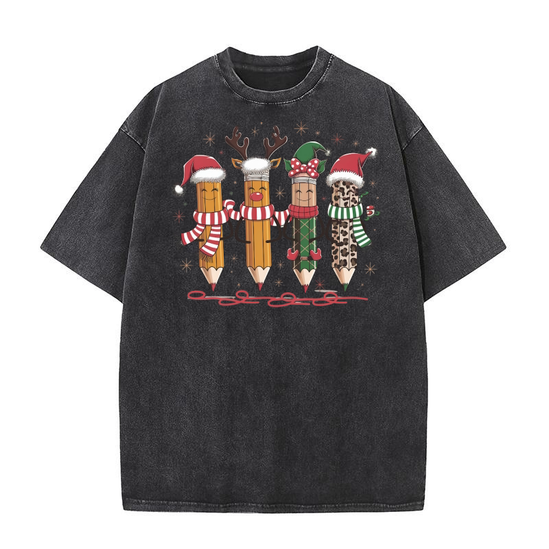 Cute Christmas Pencil Reindeers Tee Washed T-Shirt