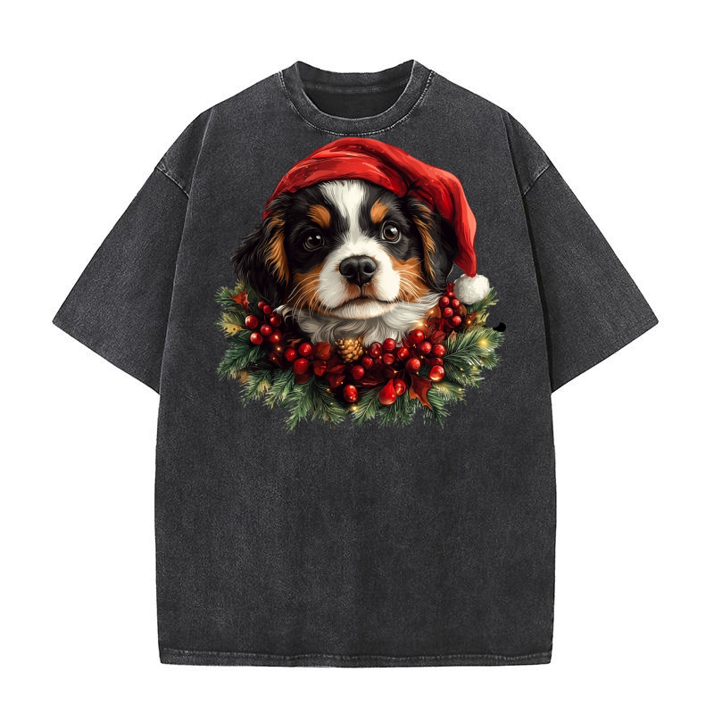 Dog Christmas Flowers Light Clipart Washed T-Shirt