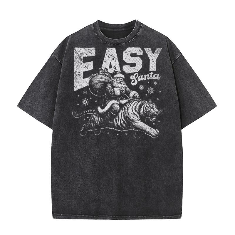 Easy Santa Riding Tiger D White GR Washed T-Shirt