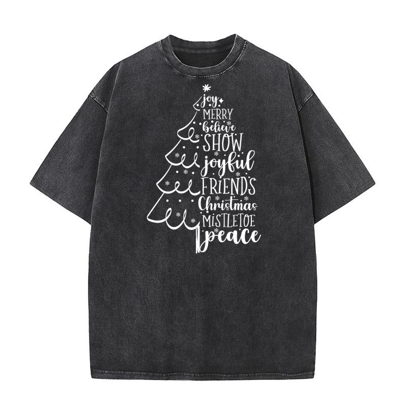 Joy Merry Joyful Believe Christmas Tree letter print Washed T-Shirt