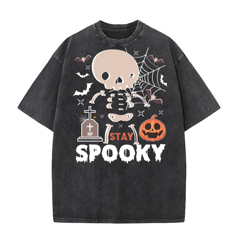 Stay Spooky Skeleton Pumpkin Halloween Washed T-Shirt