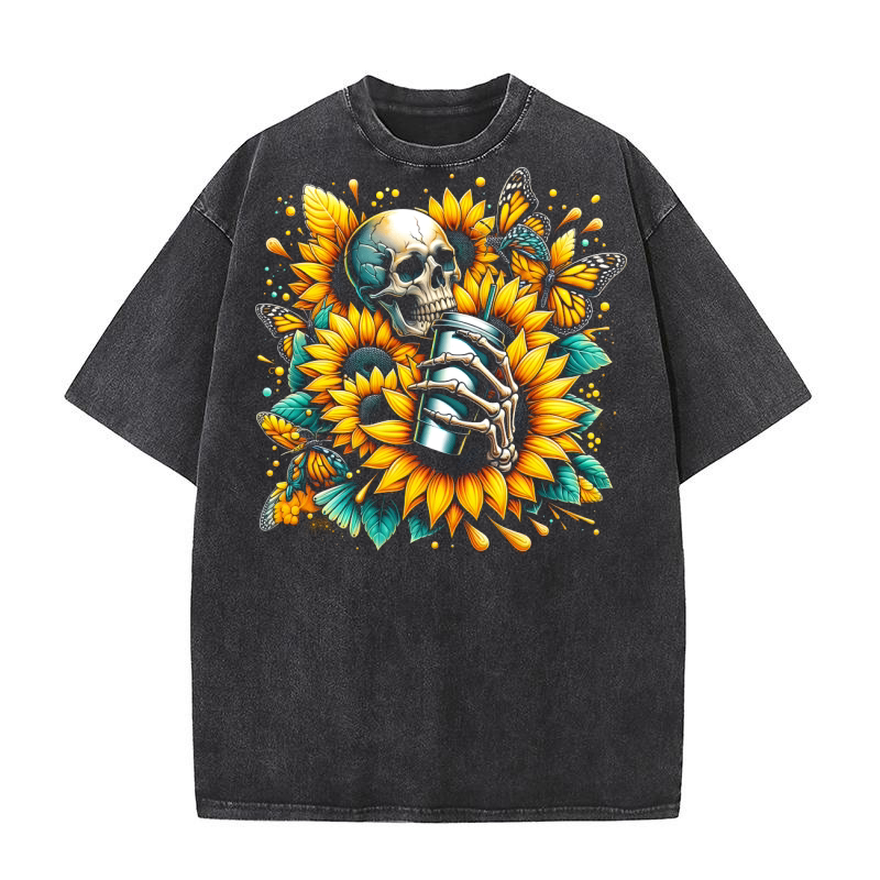 Sunflower Skull with Butterflies Washed T-Shirt