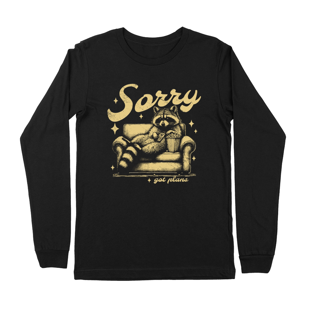 Sorry Got Plans Raccoon Sofa Popcorn D Retro Yellow GR Premium Long Sleeve
