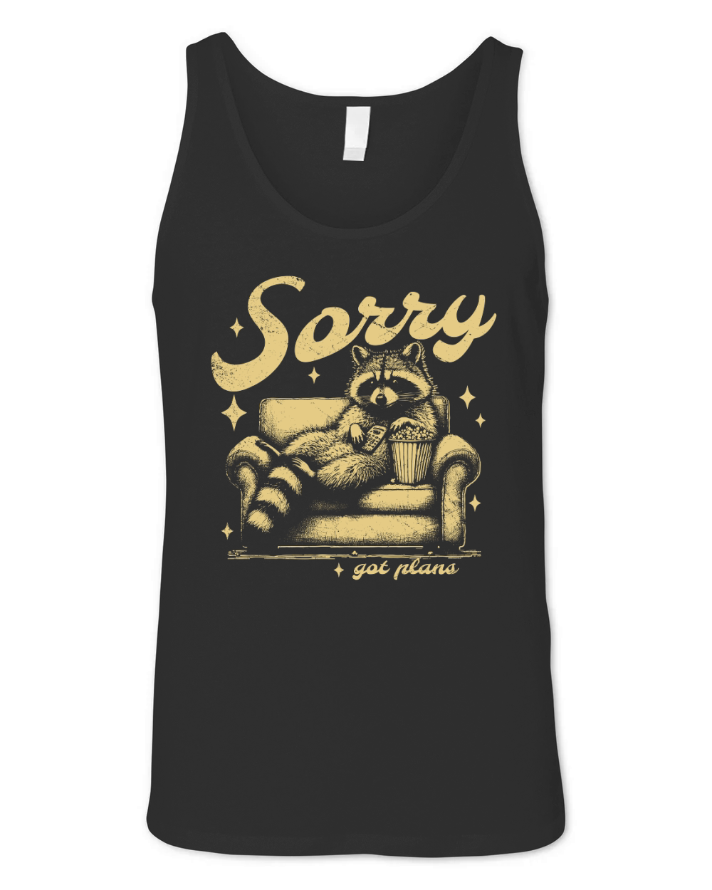 Sorry Got Plans Raccoon Sofa Popcorn D Retro Yellow GR Unisex Jersey Tank