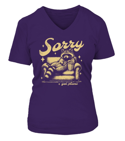 Sorry Got Plans Raccoon Sofa Popcorn D Retro Yellow GR V-neck T-Shirt Woman
