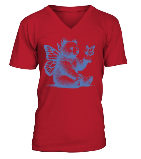 Bear With Butterfly Wings Vintage L iBlue V-Neck T-shirt