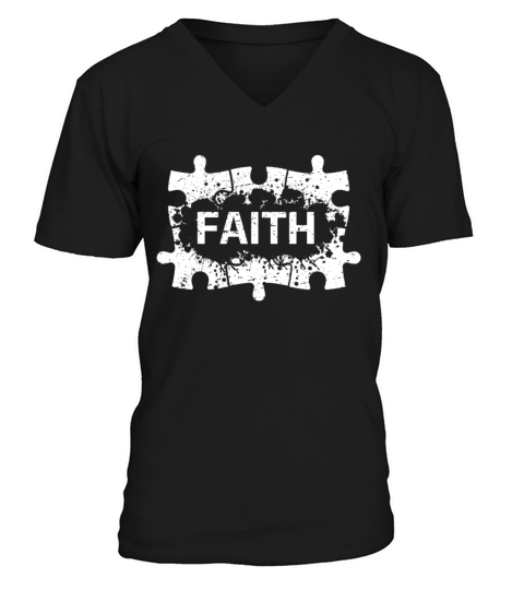 Distressed Faith Puzzle Autism Awareness Month V-Neck T-shirt
