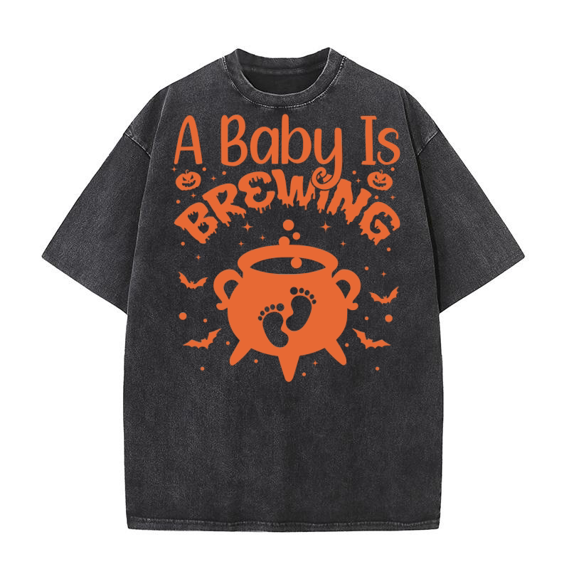 A Baby Is Brewing, Pregnant Halloween Mom Washed T-Shirt