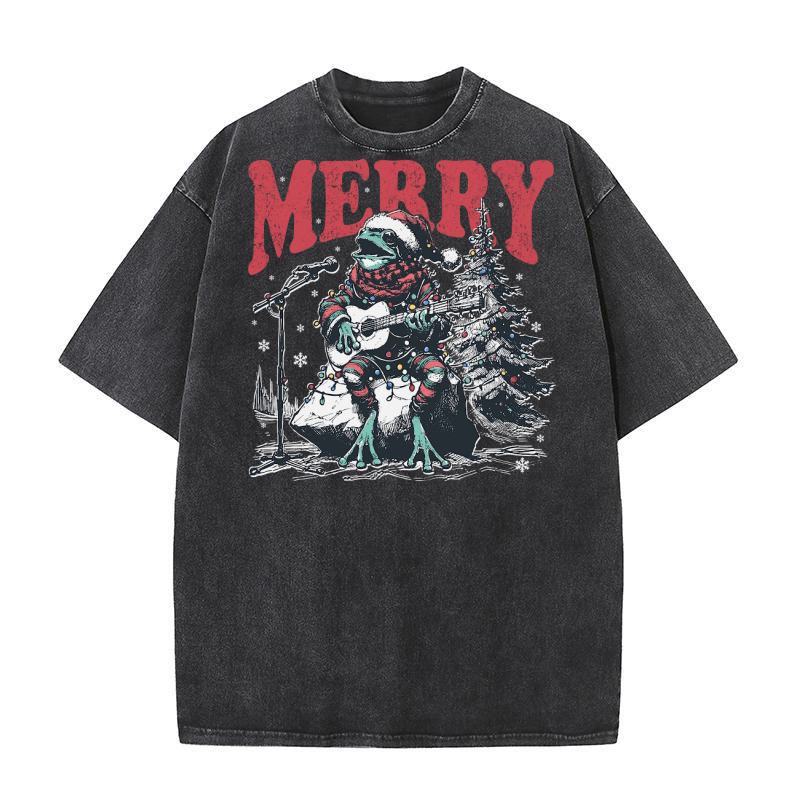Merry Christmas Frog Playing Guitar D Black White Red Green 2 Washed T-Shirt