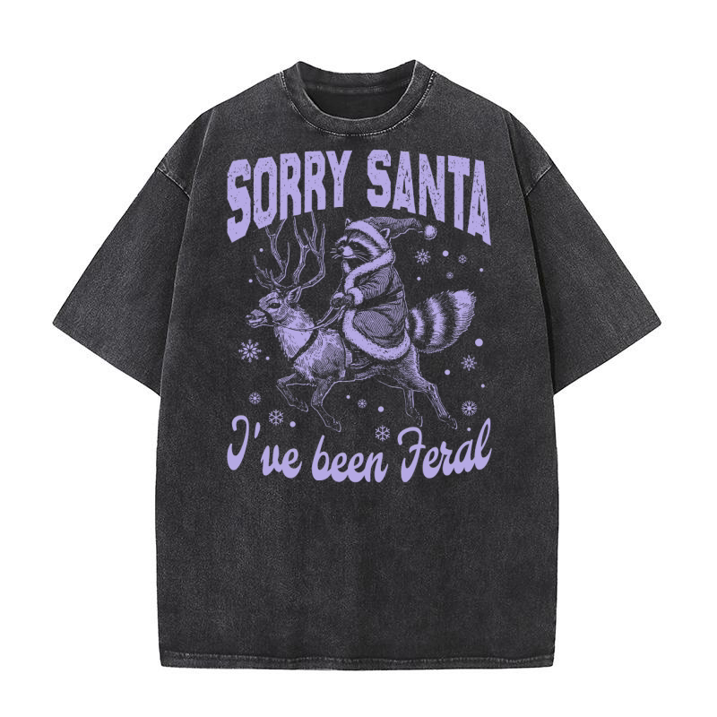 Raccoon Santa Riding Reindeer D Violet Washed T-Shirt