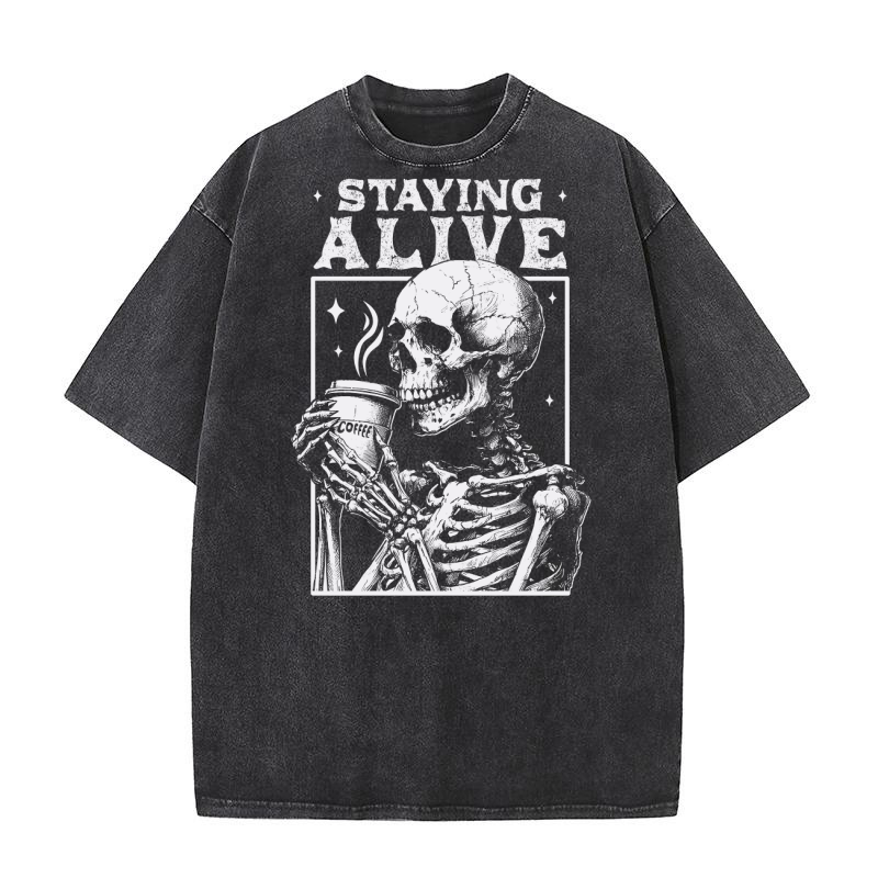 Staying Alive Skeleton Coffee D White Washed T-Shirt