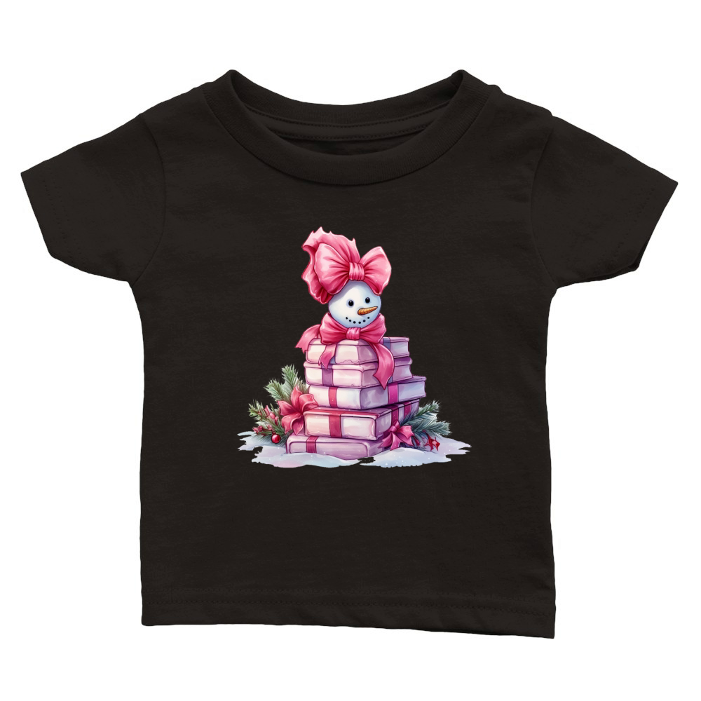 Christmas Pink Snowman Books Watercolor Classic Baby Crewneck T-shirt