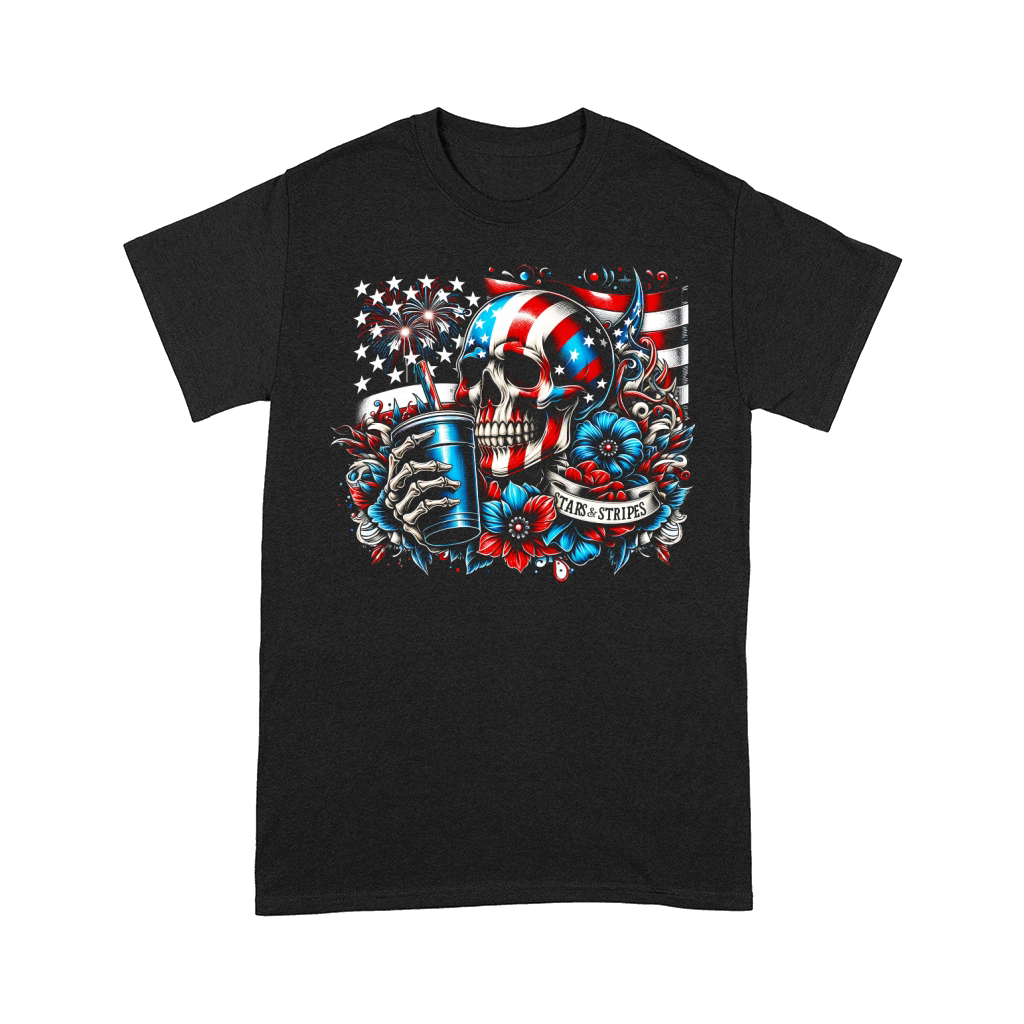Patriotic Skull with Flag and Flowers Comfort T-shirt