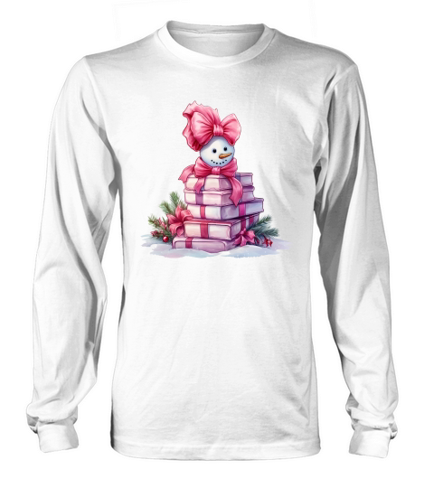 Christmas Pink Snowman Books Watercolor Long sleeved Unisex