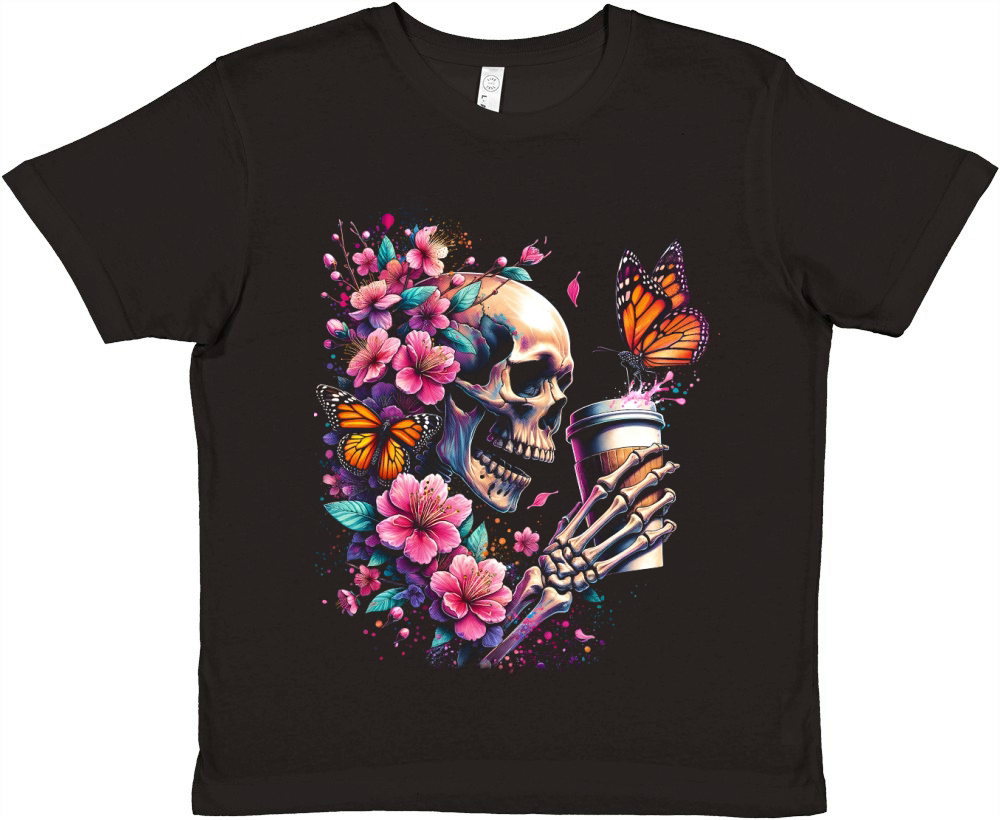 Cherry Blossom Skull with Butterflies Premium Kids Crewneck T-shirt