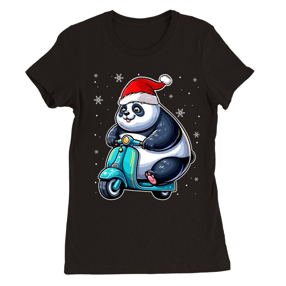 adorable panda Riding Scooter wearing santa hat 3 Premium Womens Crewneck T-shirt