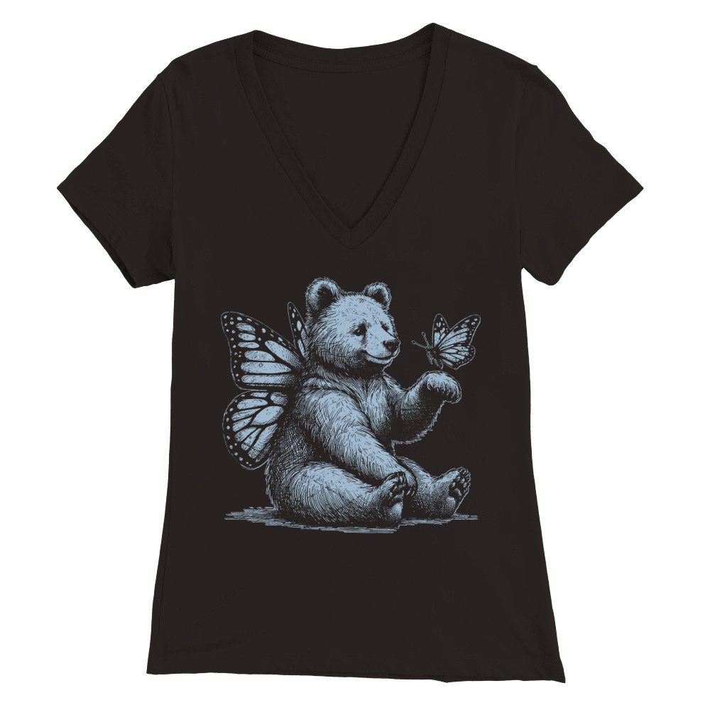 Bear With Butterfly Wings Vintage D Grey GR Premium Womens V-Neck T-shirt