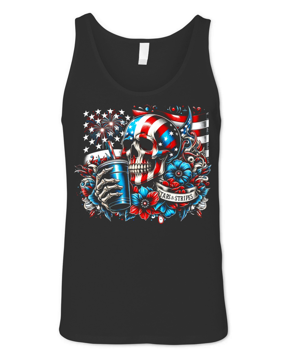 Patriotic Skull with Flag and Flowers Unisex Jersey Tank